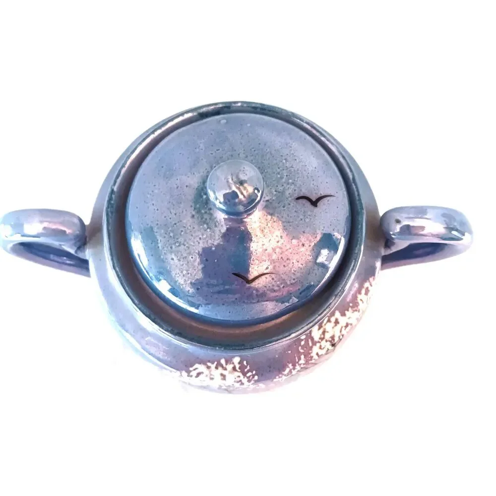 Vintage RS Made in Japan Lusterware Sugar Bowl | Iridescent Blue Landscape Scene